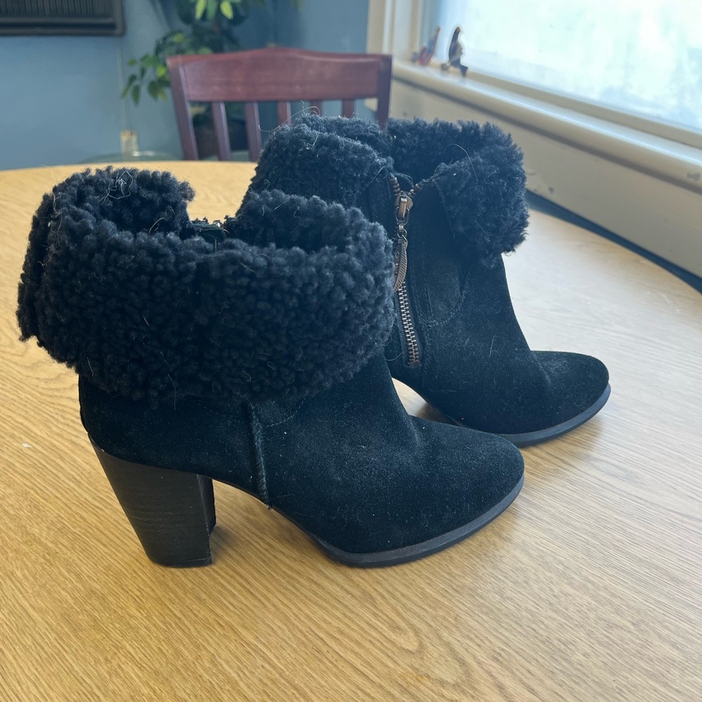 Ugg Black Suede Ankle Boots with Fur Trim